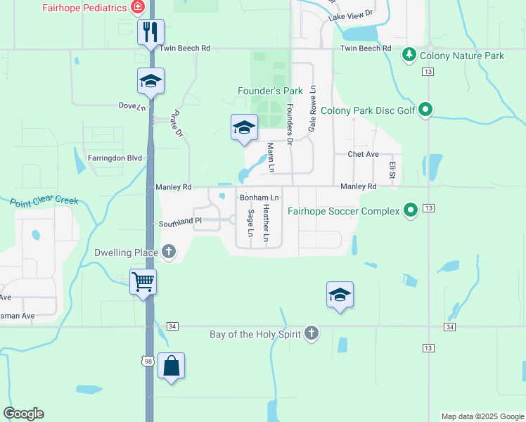 map of restaurants, bars, coffee shops, grocery stores, and more near 211 Heather Lane in Fairhope