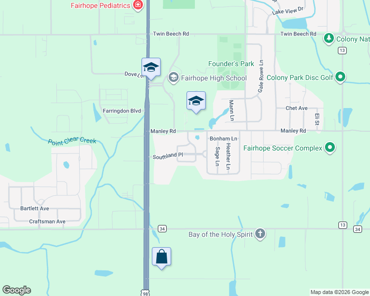 map of restaurants, bars, coffee shops, grocery stores, and more near 120 Davison Loop in Fairhope