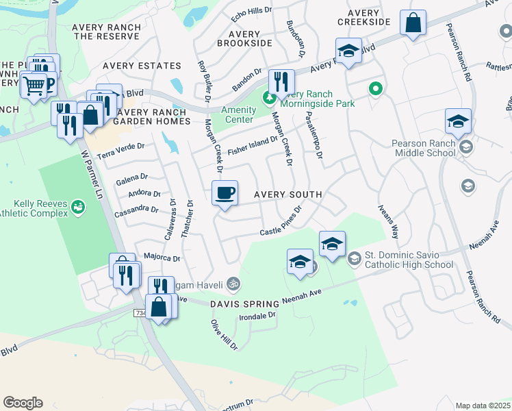 map of restaurants, bars, coffee shops, grocery stores, and more near 15621 Belfin Drive in Austin