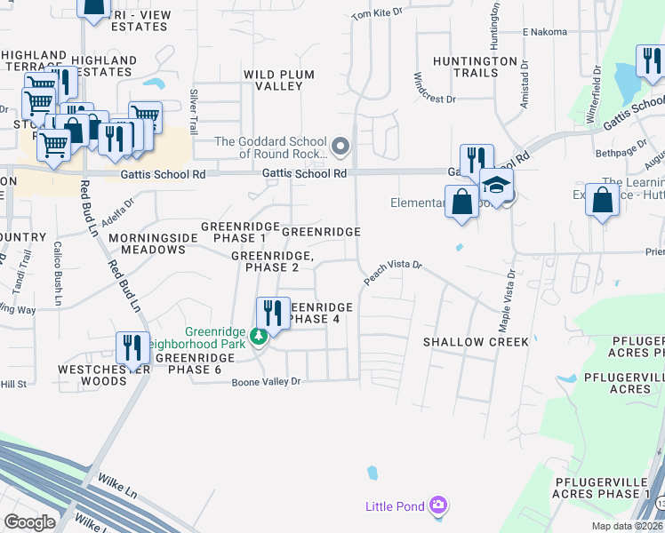 map of restaurants, bars, coffee shops, grocery stores, and more near 604 Dark Tree Lane in Round Rock
