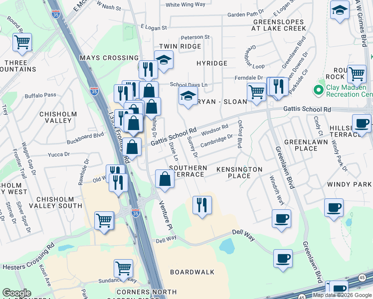 map of restaurants, bars, coffee shops, grocery stores, and more near 1807 Magnolia Drive in Round Rock