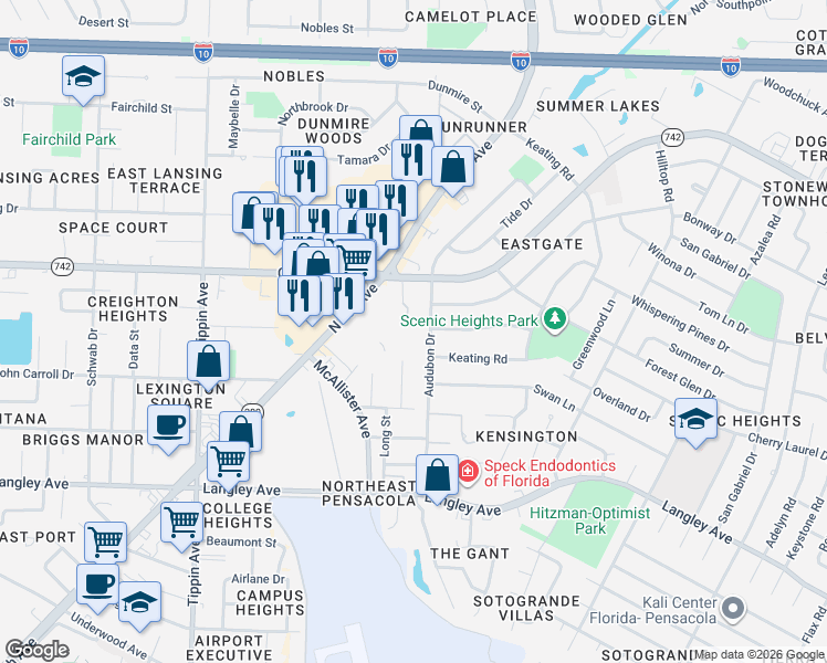 map of restaurants, bars, coffee shops, grocery stores, and more near 6140 The Oaks Lane in Pensacola