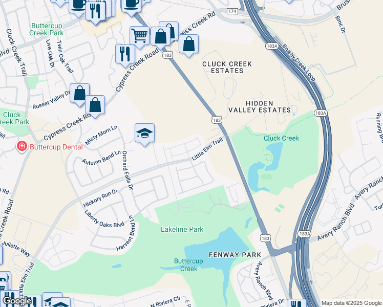 map of restaurants, bars, coffee shops, grocery stores, and more near 1401 Little Elm Trail in Cedar Park