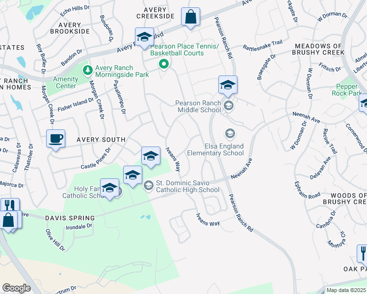 map of restaurants, bars, coffee shops, grocery stores, and more near 15508 Bended Knee Drive in Austin
