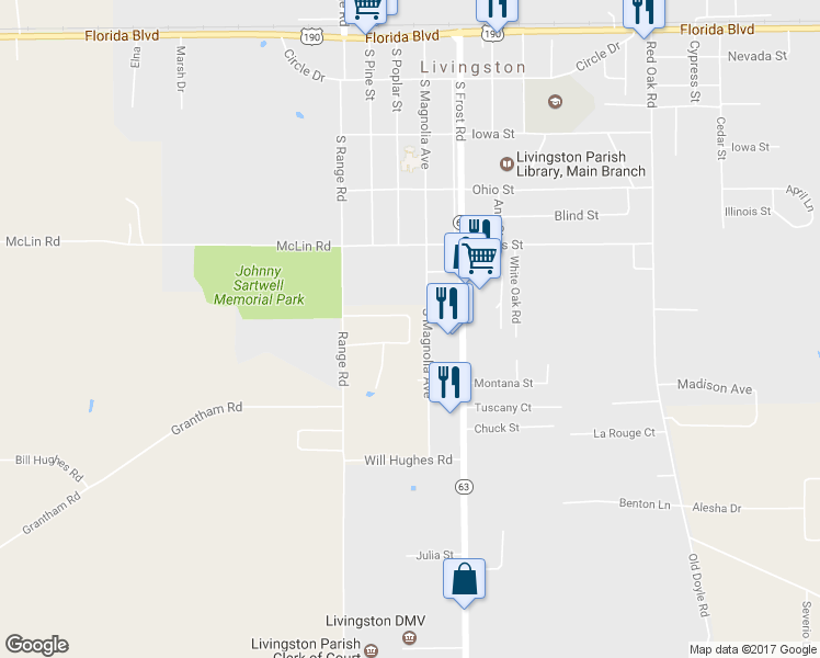 map of restaurants, bars, coffee shops, grocery stores, and more near Quezada Drive in Livingston