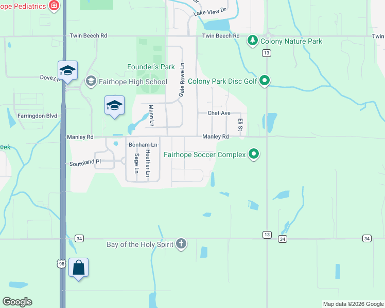 map of restaurants, bars, coffee shops, grocery stores, and more near Open Field Drive in Fairhope