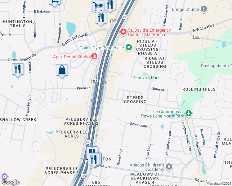 map of restaurants, bars, coffee shops, grocery stores, and more near 20822 Morgans Choice Lane in Pflugerville