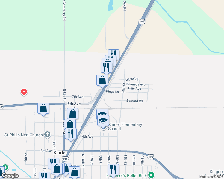 map of restaurants, bars, coffee shops, grocery stores, and more near Missouri St in Kinder