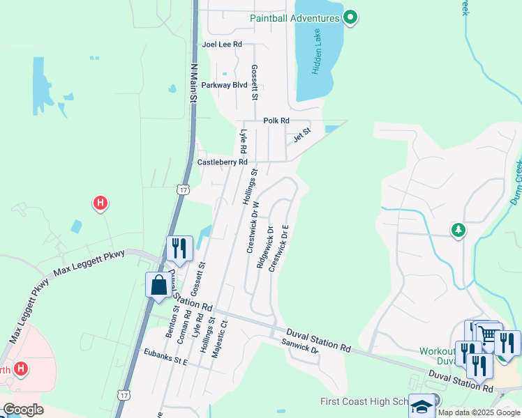 map of restaurants, bars, coffee shops, grocery stores, and more near 14140 Crestwick Drive West in Jacksonville