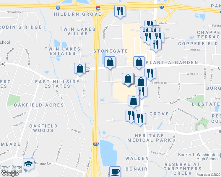 map of restaurants, bars, coffee shops, grocery stores, and more near 601 East Burgess Road in Pensacola