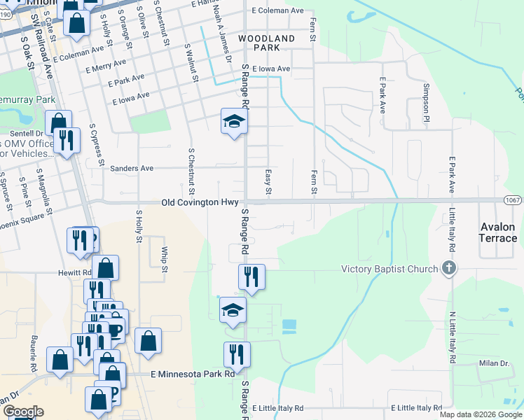 map of restaurants, bars, coffee shops, grocery stores, and more near 4490 Easy Street in Hammond