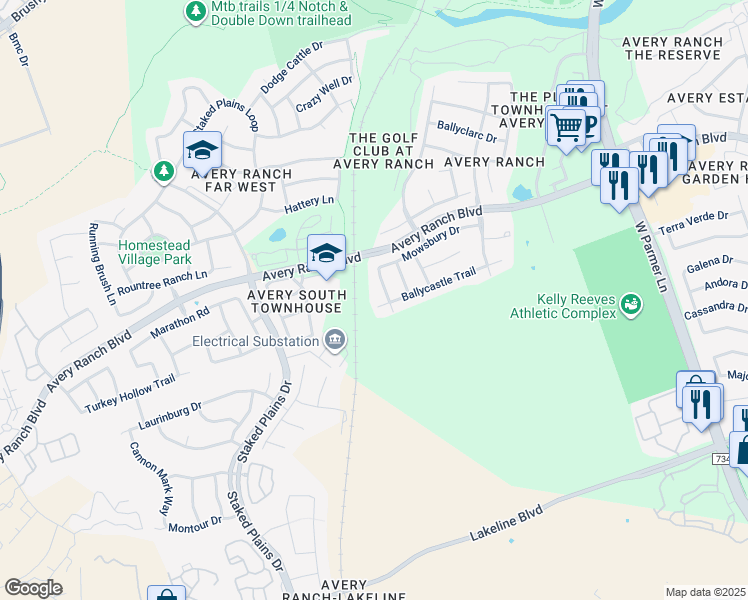 map of restaurants, bars, coffee shops, grocery stores, and more near 14101 Ballycastle Trail in Austin