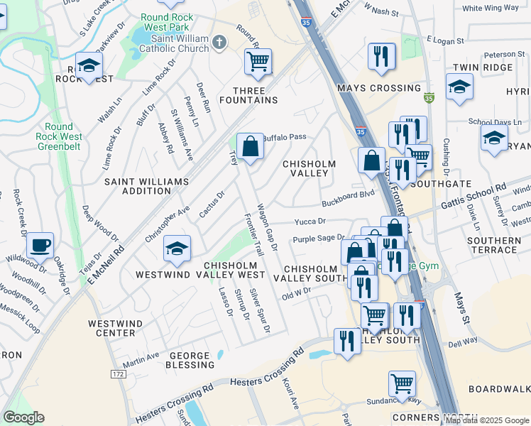 map of restaurants, bars, coffee shops, grocery stores, and more near 623 Chisholm Valley Drive in Round Rock
