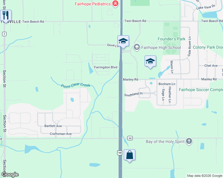 map of restaurants, bars, coffee shops, grocery stores, and more near 18447 South Greeno Road in Fairhope