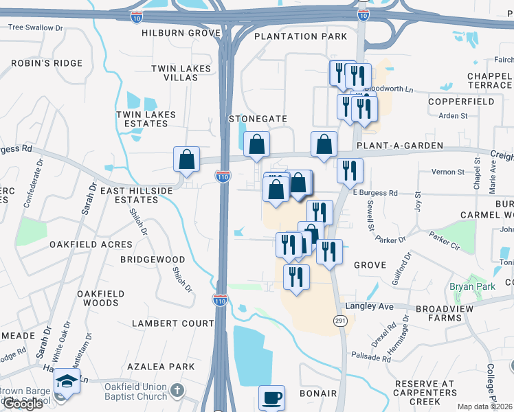map of restaurants, bars, coffee shops, grocery stores, and more near 601 East Burgess Road in Pensacola