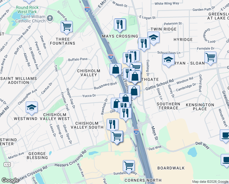 map of restaurants, bars, coffee shops, grocery stores, and more near 1710 Rawhide Loop in Round Rock