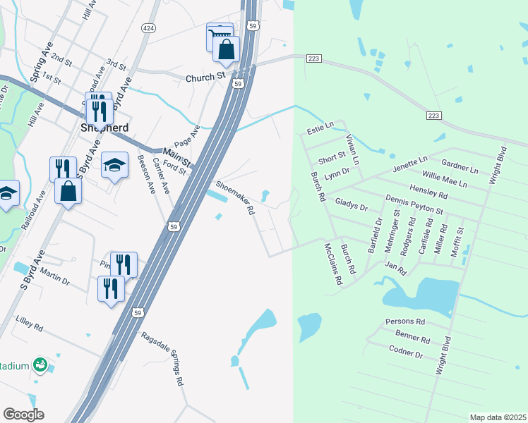 map of restaurants, bars, coffee shops, grocery stores, and more near 211 Shoemaker Road in Shepherd