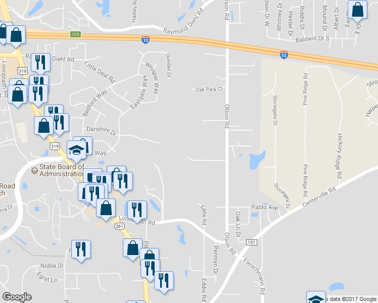 map of restaurants, bars, coffee shops, grocery stores, and more near 2640 James Duhard Way in Tallahassee