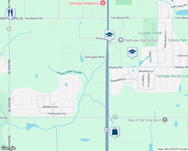 map of restaurants, bars, coffee shops, grocery stores, and more near 18447 South Greeno Road in Fairhope