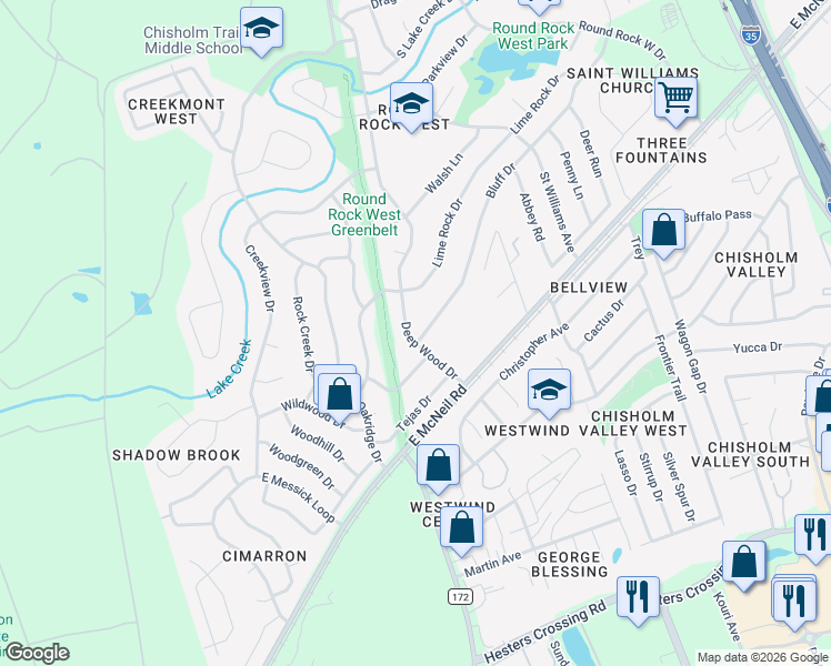map of restaurants, bars, coffee shops, grocery stores, and more near 1802 Bluff Drive in Round Rock