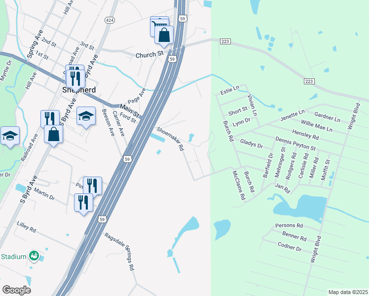 map of restaurants, bars, coffee shops, grocery stores, and more near 211 Shoemaker Road in Shepherd