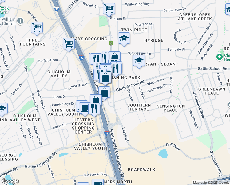 map of restaurants, bars, coffee shops, grocery stores, and more near 1801 South Mays Street in Round Rock