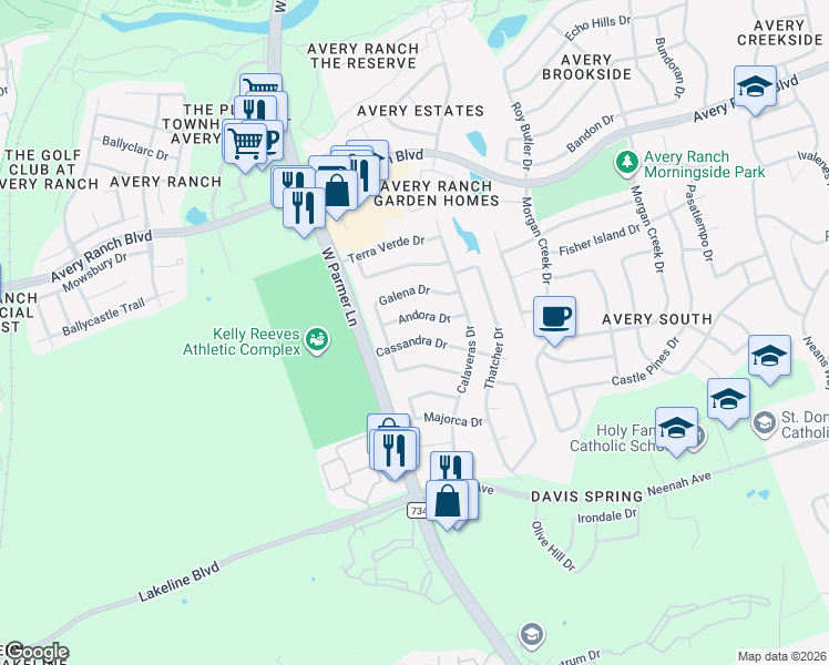 map of restaurants, bars, coffee shops, grocery stores, and more near 10200 Cassandra Drive in Austin