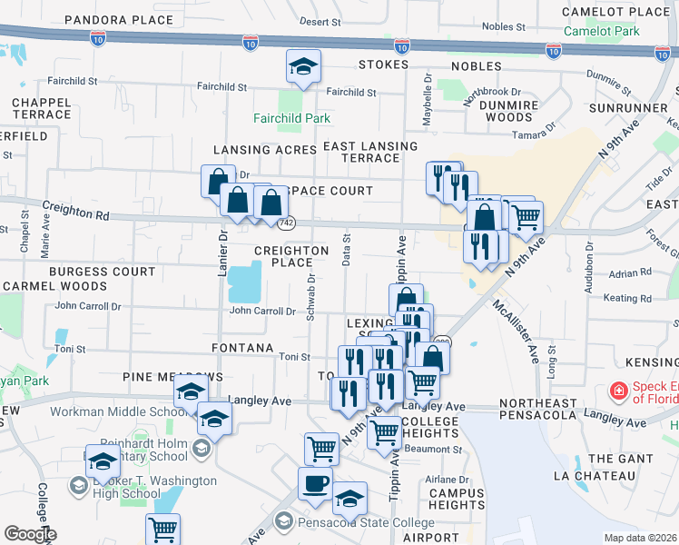 map of restaurants, bars, coffee shops, grocery stores, and more near 6799 Data Street in Pensacola