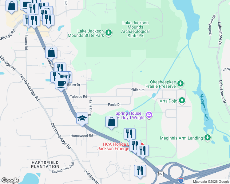 map of restaurants, bars, coffee shops, grocery stores, and more near 1616 Talpeco Road in Tallahassee