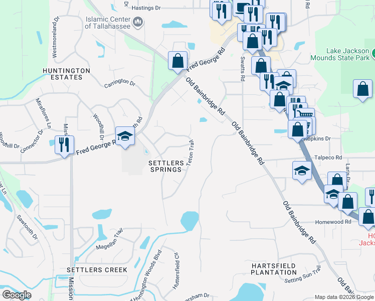 map of restaurants, bars, coffee shops, grocery stores, and more near 2891 Teton Trail in Tallahassee