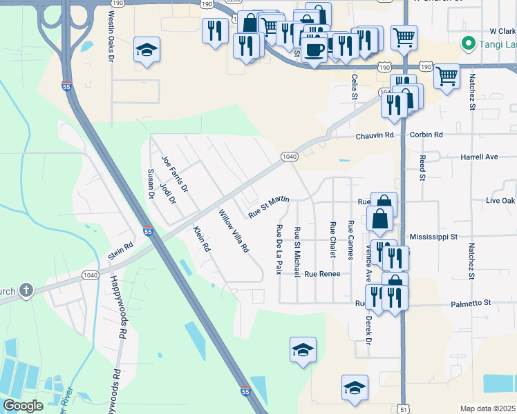 map of restaurants, bars, coffee shops, grocery stores, and more near 2700 Rue Saint Martin in Hammond