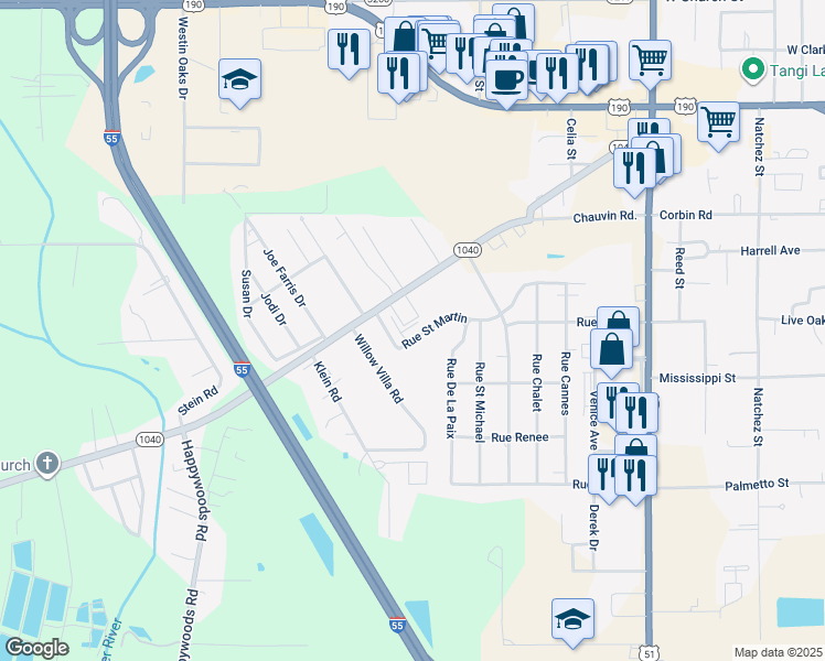 map of restaurants, bars, coffee shops, grocery stores, and more near 2700 Rue Saint Martin in Hammond