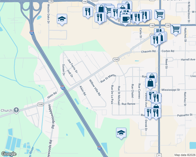 map of restaurants, bars, coffee shops, grocery stores, and more near 2700 Rue Saint Martin in Hammond