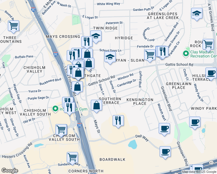 map of restaurants, bars, coffee shops, grocery stores, and more near 1807 Magnolia Drive in Round Rock