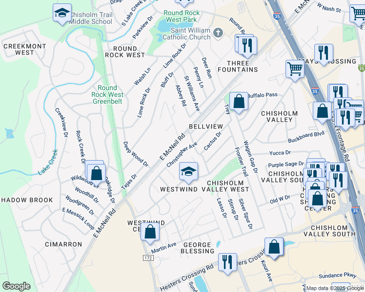 map of restaurants, bars, coffee shops, grocery stores, and more near 1016 Christopher Avenue in Round Rock