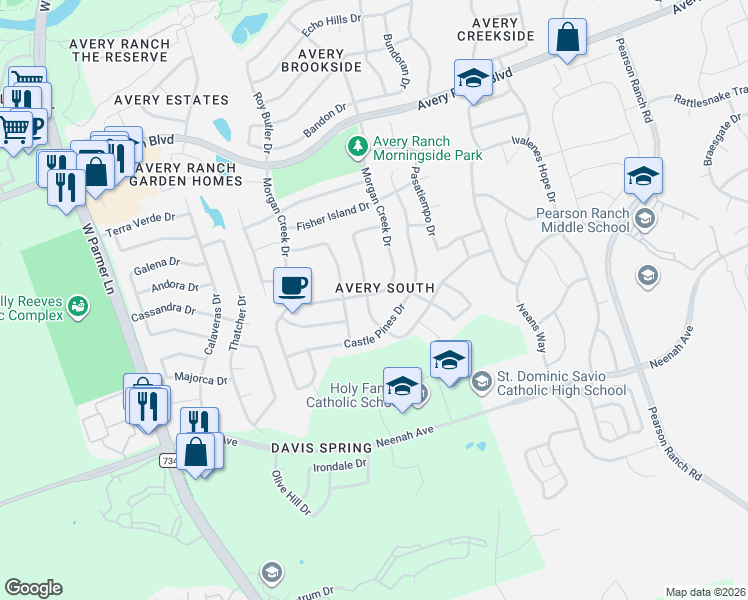 map of restaurants, bars, coffee shops, grocery stores, and more near 15229 Fernhill Drive in Austin