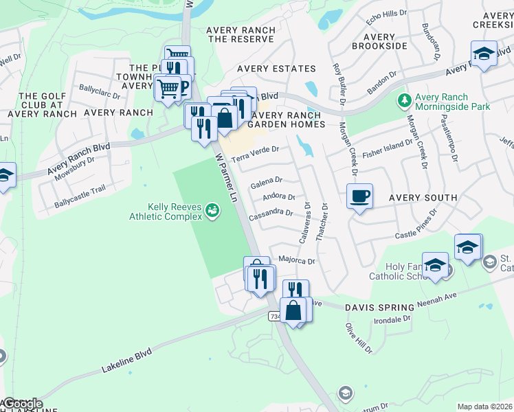 map of restaurants, bars, coffee shops, grocery stores, and more near 14930 Galena Drive in Austin