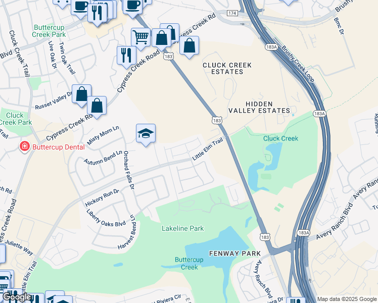 map of restaurants, bars, coffee shops, grocery stores, and more near 1401 Little Elm Trail in Cedar Park