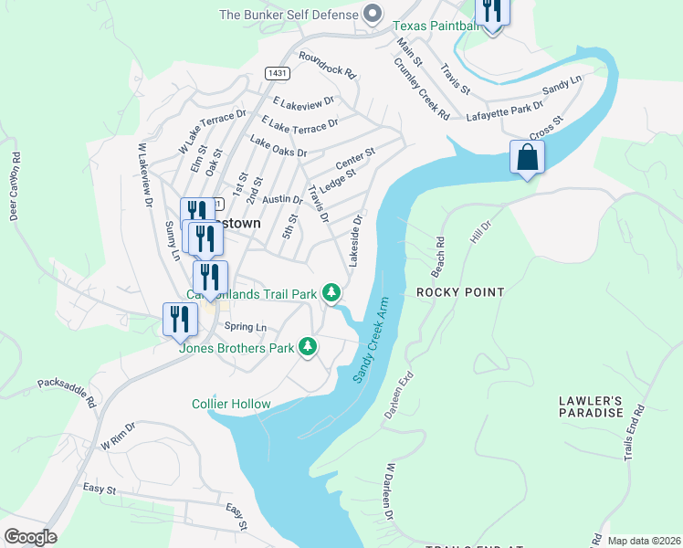 map of restaurants, bars, coffee shops, grocery stores, and more near 10823 Crestview Drive in Jonestown
