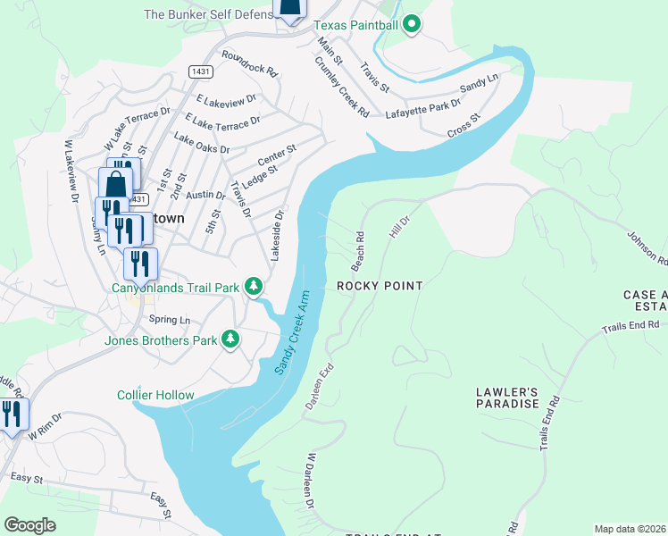 map of restaurants, bars, coffee shops, grocery stores, and more near 11006 Beach Rd in Leander