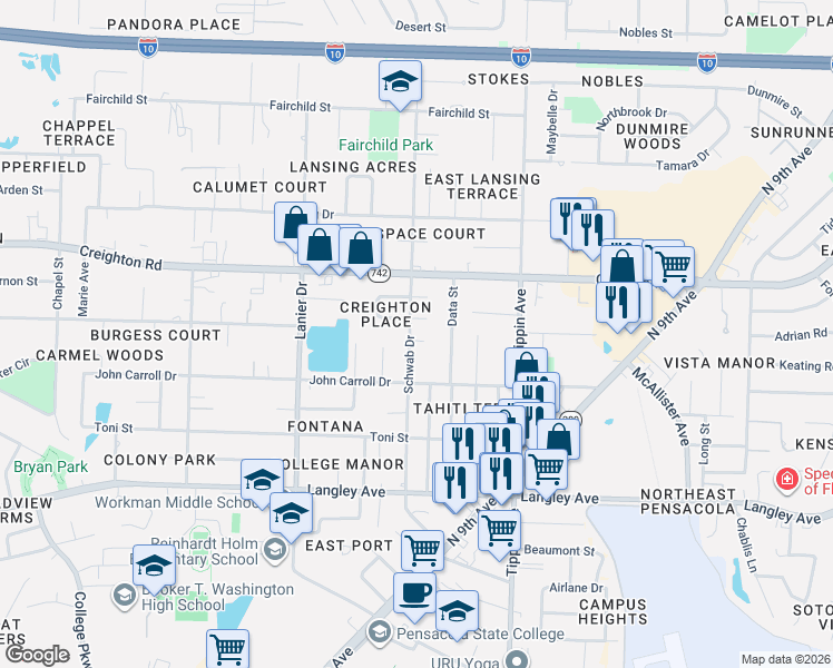 map of restaurants, bars, coffee shops, grocery stores, and more near 6631 Schwab Drive in Pensacola