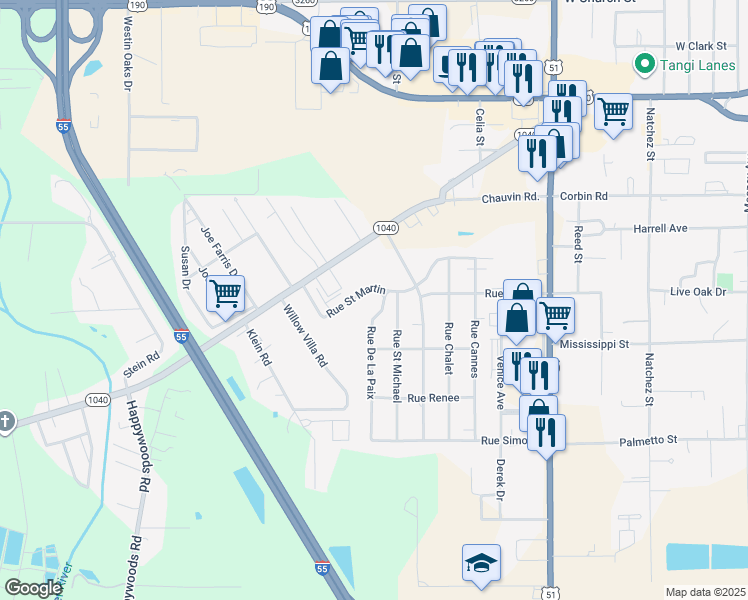 map of restaurants, bars, coffee shops, grocery stores, and more near 730 Rue De La Paix in Hammond