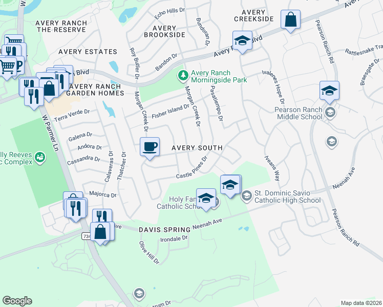 map of restaurants, bars, coffee shops, grocery stores, and more near 15229 Fernhill Drive in Austin
