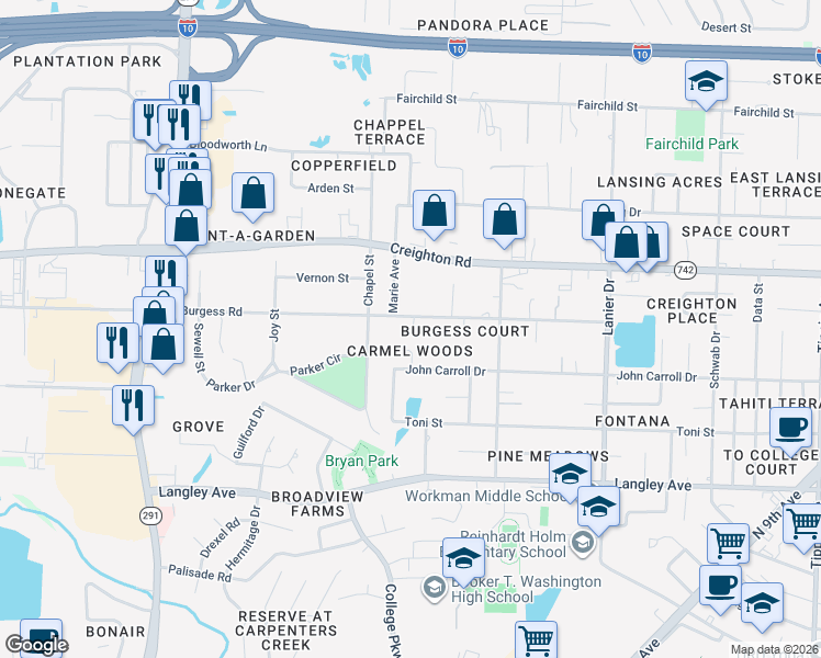 map of restaurants, bars, coffee shops, grocery stores, and more near 5928 Mona Lane in Pensacola