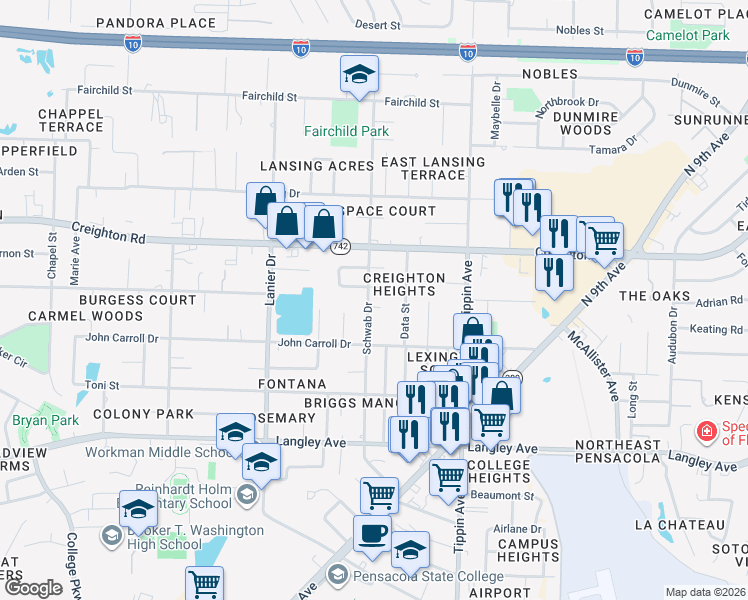 map of restaurants, bars, coffee shops, grocery stores, and more near 6631 Schwab Drive in Pensacola