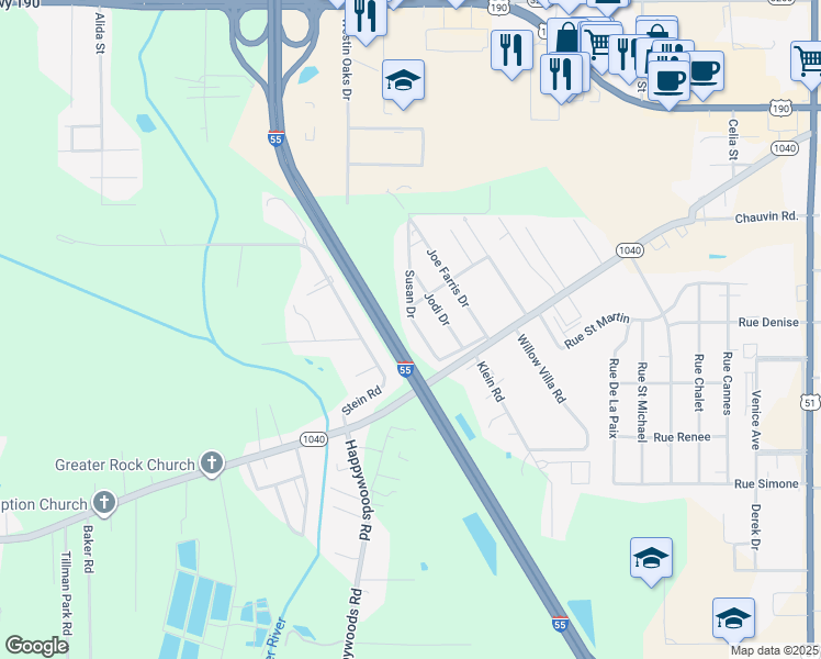 map of restaurants, bars, coffee shops, grocery stores, and more near 605 Susan Drive in Hammond