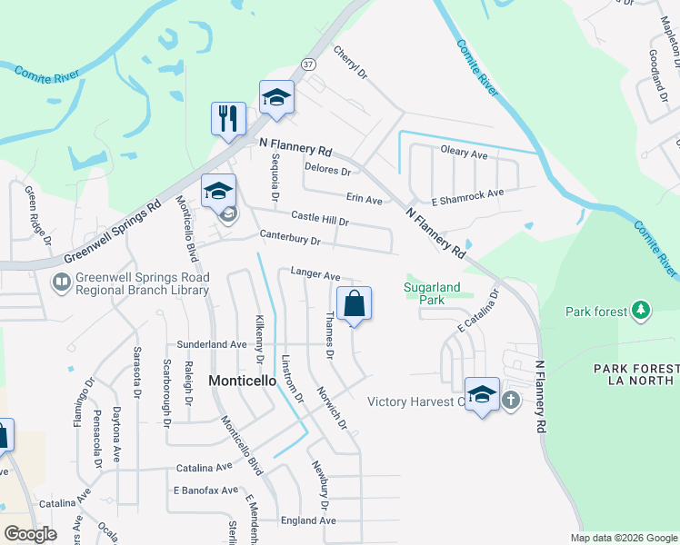 map of restaurants, bars, coffee shops, grocery stores, and more near 12631 Langer Avenue in Baton Rouge