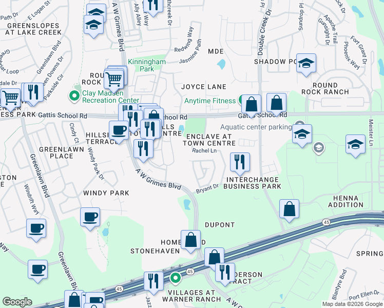 map of restaurants, bars, coffee shops, grocery stores, and more near 1958 Rachel Lane in Round Rock