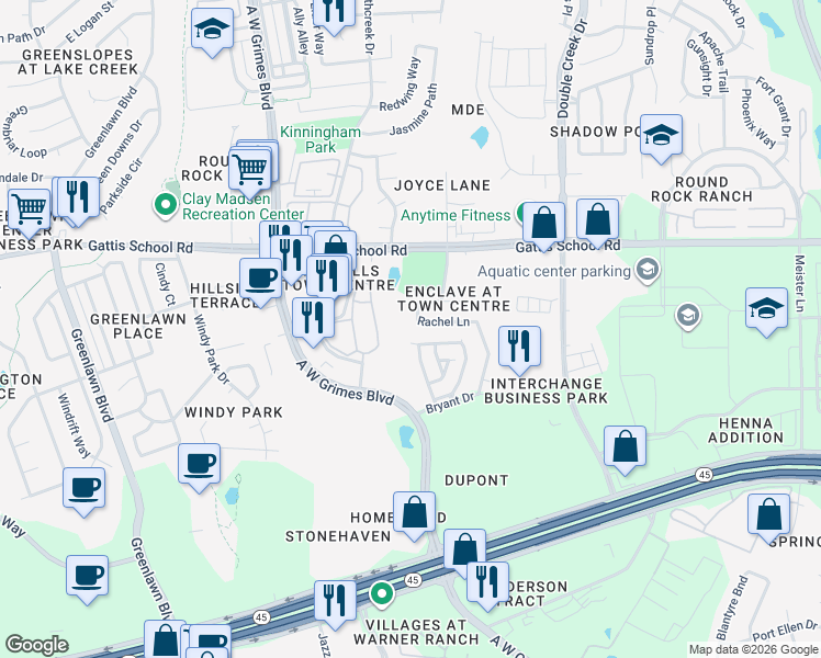 map of restaurants, bars, coffee shops, grocery stores, and more near 1958 Rachel Lane in Round Rock