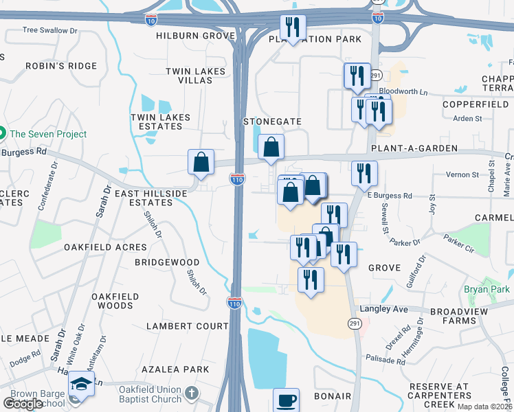 map of restaurants, bars, coffee shops, grocery stores, and more near 511 East Burgess Road in Pensacola